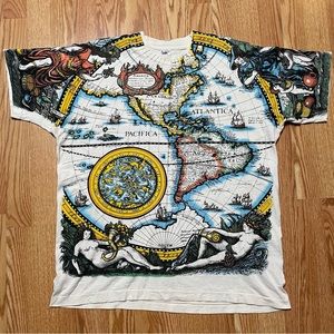 Vintage Liquid Blue 1992 Single Stitched Atlas Map All Over Print Shirt Size XL